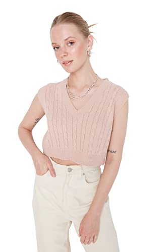 TRENDYOL Damska kamizelka z dekoltem w serek, jednokolorowa, regularna, dziergana bluza, różowa, L, Rosa, L