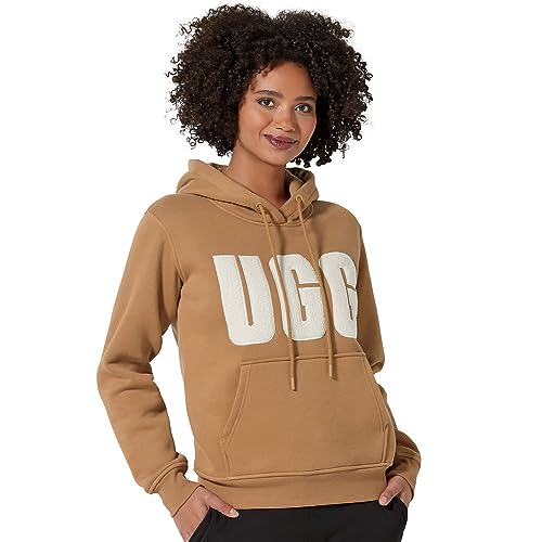 UGG Damska bluza z kapturem z logo Rey Uggfluff, Kasztan/tynk, XL
