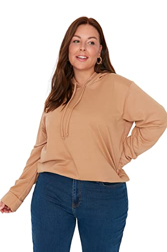 Trendyol Bluza damska z kapturem, jednokolorowa, luźna bluza plus size, Wielbłądzi, 3XL