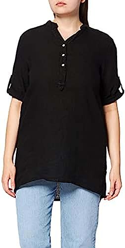 Bonateks, Bluzka z guzikowanym kołnierzem tunezyjskim i długimi rękawami, 100% len, rozmiar DE:38, rozmiar US: L, topy, czarna - wyprodukowano we Włoszech, czarny, 38