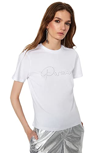 Trendyol Damska koszulka z dzianiny o regularnym kroju z okrągłym dekoltem, biała, S, biały, S