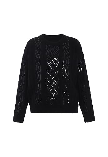 faina Damski sweter z dzianiny z cekinowym łańcuszkiem i wzorem warkoczowym, czarny, rozmiar XL/XXL, czarny, XL
