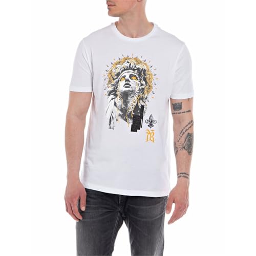 Replay T-shirt męski z krótkim rękawem z nadrukiem, 001 White, XS