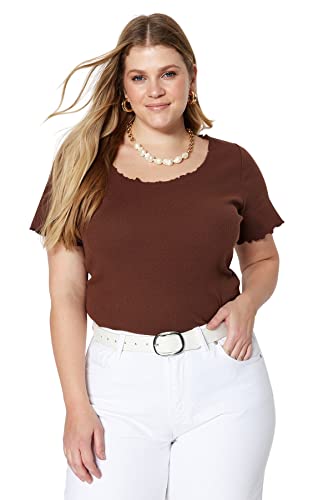 Trendyol Damska dopasowana prosta dzianina z okrągłym dekoltem plus size bluzka, brązowa, 6XL, Brązowy, 6XL