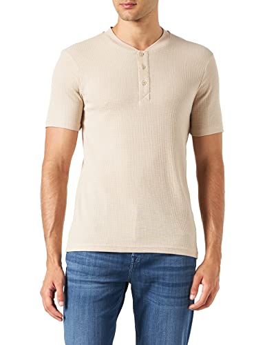 Koton Męski T-shirt basic Mandarin Collar Buttoned Slim Fit Short Sleeve, beżowy (050), L