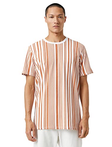 Koton Męski T-shirt Basic z okrągłym dekoltem i krótkim rękawem, Brązowe paski (01N), XL