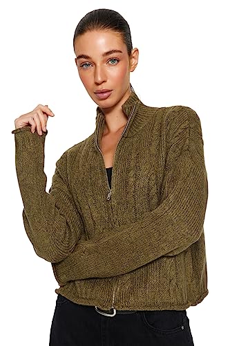 Trendyol FeMan Regular Fit Basic stójka dzianinowy kardigan, khaki, S, Khaki, S