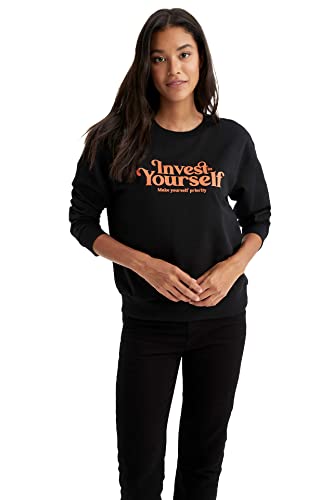 DeFacto Sweter z długim rękawem damski - okrągły dekolt bluza damska (czarny, S), czarny, S