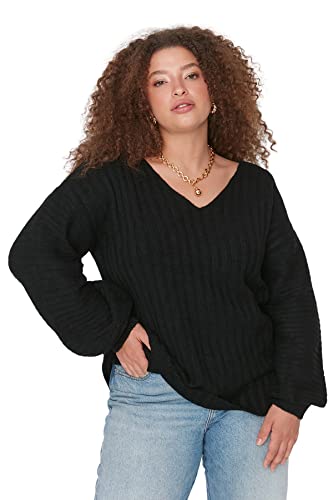 Trendyol Damska bluza z dekoltem w serek, jednokolorowa, luźna, plus size, czarna, XL, Czarny