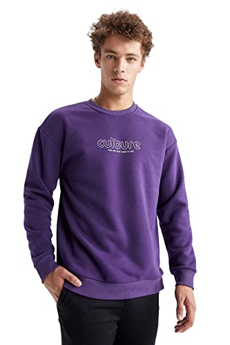 DeFacto Sweter z długim rękawem męski - okrągły dekolt bluza męska (ciemnofioletowa, S), ciemny purpurowy, S