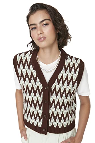 TRENDYOL Damska kamizelka z dekoltem w serek, w kratkę, regularna, z dzianiny, brązowa, M, brązowy, M