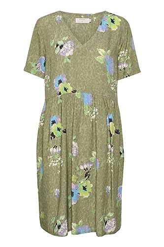Damska koszulka damska sukienka kolana długość krótkie rękawy z nadrukiem V-Neck, Vintage Olej Zielony Kwiatowy, 40