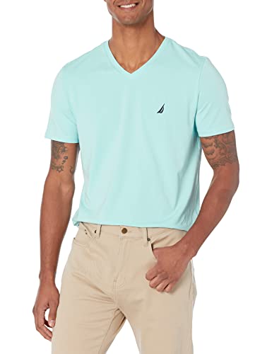Nautica Męski T-shirt z krótkim rękawem Solid Fit z dekoltem w serek, Harbor mgiełka, S