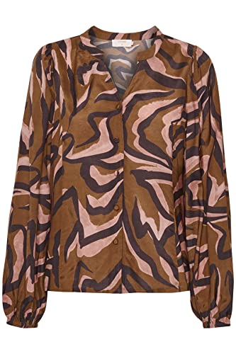 Cream Damska koszula z nadrukiem V-Neck Balloon Sleeves, skóra brązowa zwierzę, 38