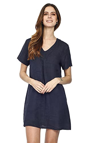 Bonateks Damska sukienka 100% lniana Made in Italy, Krótki rękaw plisowany z przodu, granatowa, rozmiar: S, granatowy, S