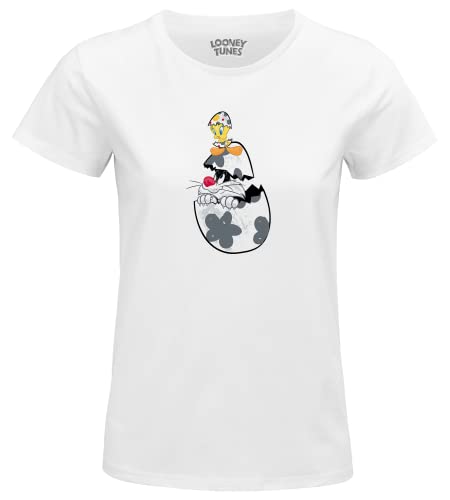 bawełniany podział t-shirt damski, biały, M