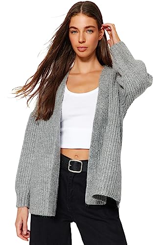 Trendyol FeMan Oversize Basic kardigan z dzianiny z dekoltem w serek, szary, M, szary, M