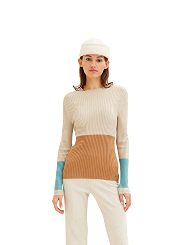 TOM TAILOR Denim Damski Sweter z golfem z blokiem kolorów 1034305, 30565 - Camel Beige Colorblock, M