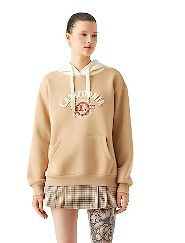 Koton Damska bluza z kapturem Kangaroo Pocket Detail Varsity Printed, beżowy (057), XL