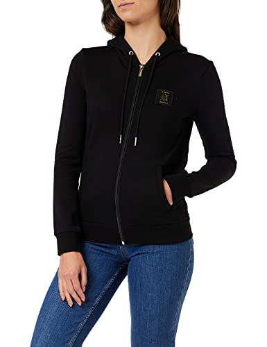 Armani Exchange Damska bluza z kapturem, logo Side Gold, suwak, czarna, XL, czarny, XL