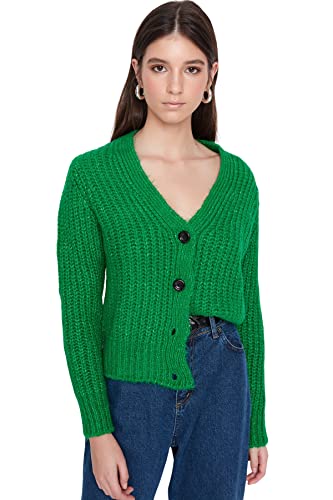 Trendyol Damski regularny kardigan z dzianiny z dekoltem w serek, ZIELONY, L