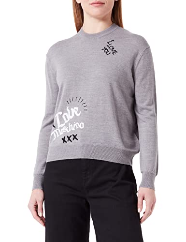 Love Moschino Damski sweter o regularnym kroju z długim rękawem z okrągłym dekoltem z emblematami, miks, Medium Gray, 38