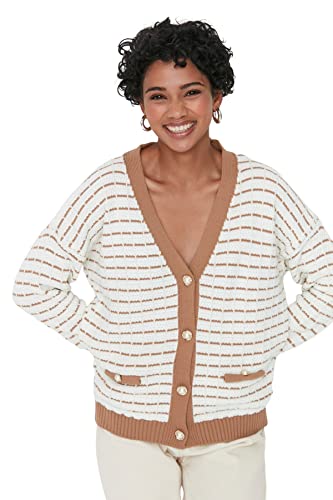Trendyol Damska bluza z dekoltem w serek w paski zwykły sweter (1 szt.), Ecru, L
