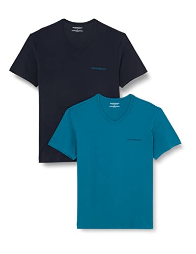 Emporio Armani Underwear Men's 2-pak T Regular Fit V Neck Core Logoband Shirt, Marine/Topaz, XL