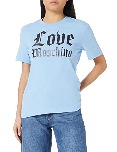 Love Moschino Koszulka damska, krój regularny, z krótkim rękawem, z logo Shiny Mylar Gothic Logo Print, Light Blue, 40