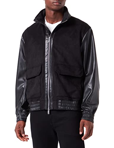 Armani Exchange Męska kurtka z przodu, zamek błyskawiczny, odpinana kurtka z kapturem, czarny, L