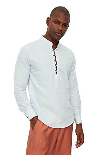 Trendyol Men's Blue męska koszula z kołnierzykiem typu slim fit, połowa wytłaczana button, koszula z kołnierzykiem, rozmiar M