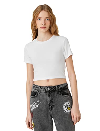 Koton Damska koszulka z okrągłym dekoltem, z wiskozy, krótki rękaw, Off White (001), S