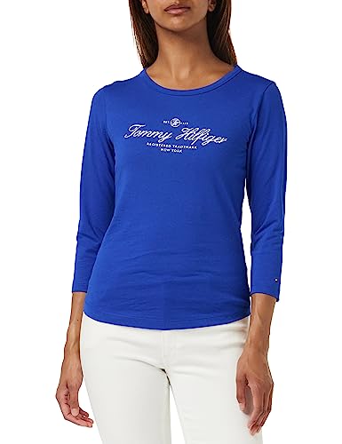 Tommy Hilfiger Damskie topy z dzianiny Slim Signature Open NK 3/4SLV L/S, ultramiękkie, XL, Ultraniebieski, XL