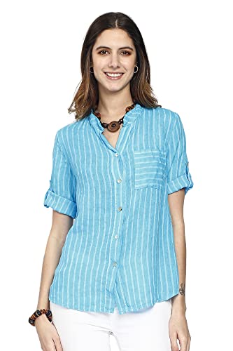 Bonateks Koszula damska 100% lniana Made in Italy Azur/White Rozmiar: S, Azur/Biały, S