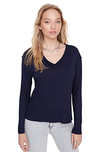 Trendyol Damska damska koszulka z dzianiny z okrągłym dekoltem, granatowa, L, granatowy, L