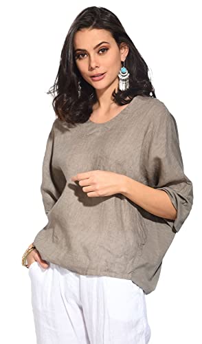 Bonateks damska top 100% lniana tunika Made in Italy, dwumateriałowa koszulka z okrągłym dekoltem z rękawami nietoperza, desert, rozmiar: L, Pustynia, L