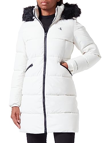 Calvin Klein Jeans Damskie płaszcze ze sztucznego futra z kapturem, dopasowane, długie, wyściełane płaszcze JKT, biały, 3XL