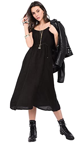 Bonateks damska sukienka 100% lniana wyprodukowana we Włoszech, długa sukienka z koronką z przodu i kieszeniami, czarna, rozmiar: S, czarny, S