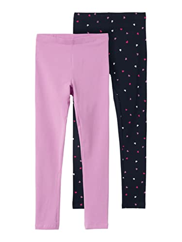 NAME IT Dziewczęce legginsy 2 sztuki, Fioletowy tiul/opakowanie: ciemny szafir (Aop Small Hearts), 134/140 cm
