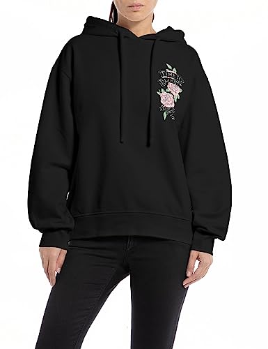 Replay Damska bluza z kapturem oversize, 098 BLACK, XL