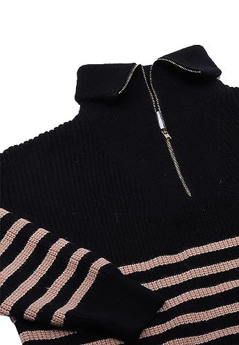 Blonda Damski sweter z dzianiny w paski z zamkiem błyskawicznym i Stehrevers akryl czarny beżowy rozmiar XS/S, czarny, beżowy, XS