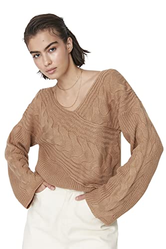 Trendyol Damski sweter z dzianiny Basic Cache-Coeur, Brązowy, S