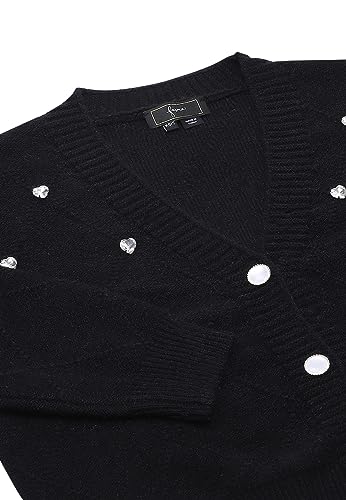 faina Damski sweter z dzianiny z dekoltem w serek i nitami wzór diamentowy, czarny, rozmiar XS/S, czarny, XL