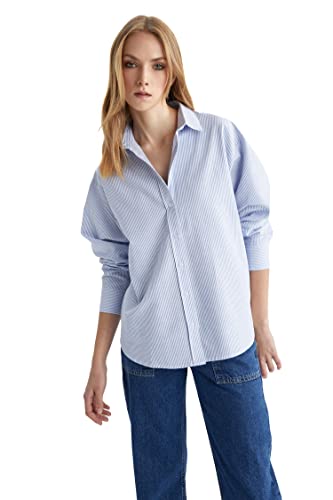 DeFacto Koszula damska z tkaniny bawełnianej z długimi rękawami, niebieski, M
