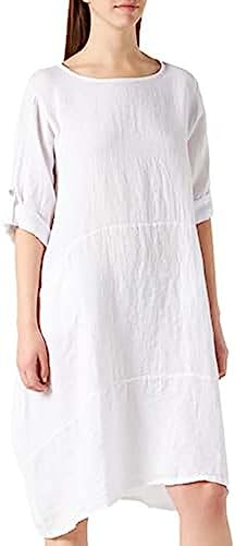 Bonateks, Lejąca sukienka o średniej długości, okrągłym kołnierzu, długimi, zapinanymi rękawami i kieszeniami, 100% len, rozmiar DE: 40 rozmiar US: L, biała - wyprodukowano we Włoszech, biały, 40