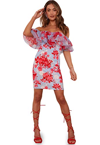 Chi Chi London Damska mini sukienka z organzy z falbanką w kwiaty, na specjalne okazje, NIEBIESKI, 34