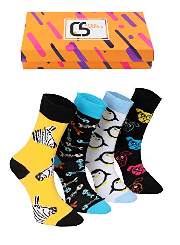 Creasocks Zabawne skarpety męskie, nowość, odlotowe, dziwaczne, kolorowe e skarpetki na prezenty, bawełna, prezenty dla mężczyzn UK 7-11 Unikalne wzorzyste skarpety 4 pary unisex, pingwin