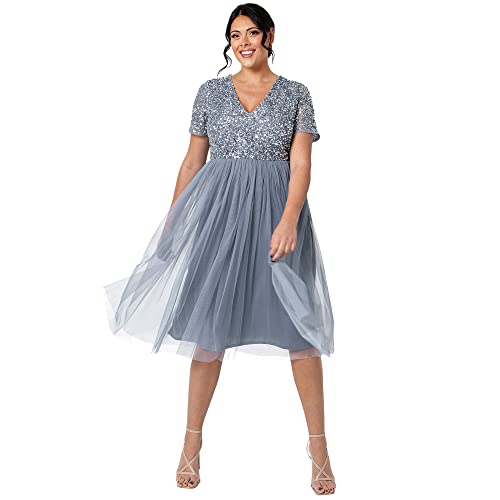 Maya Deluxe Damska sukienka wieczorowa midi z dekoltem w serek z krótkim rękawem na studniówkę, wesele, druhna, niebieski (Dusty Blue), 46