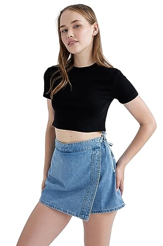 DeFacto Damska koszulka Crop Tops – klasyczna koszulka basic dla kobiet – wygodna koszulka dla kobiet, czarny, L