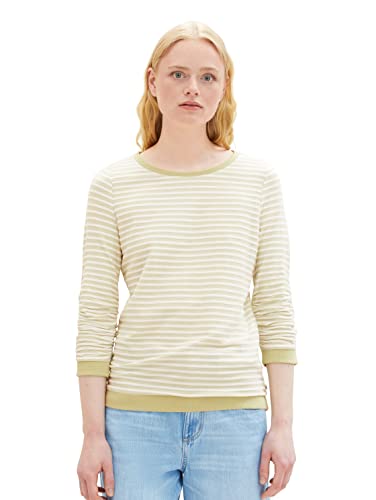 TOM TAILOR Denim Damska bluza z marszczonym rękawem i wzorem w paski, 32804-White Green Structured Stripe, L